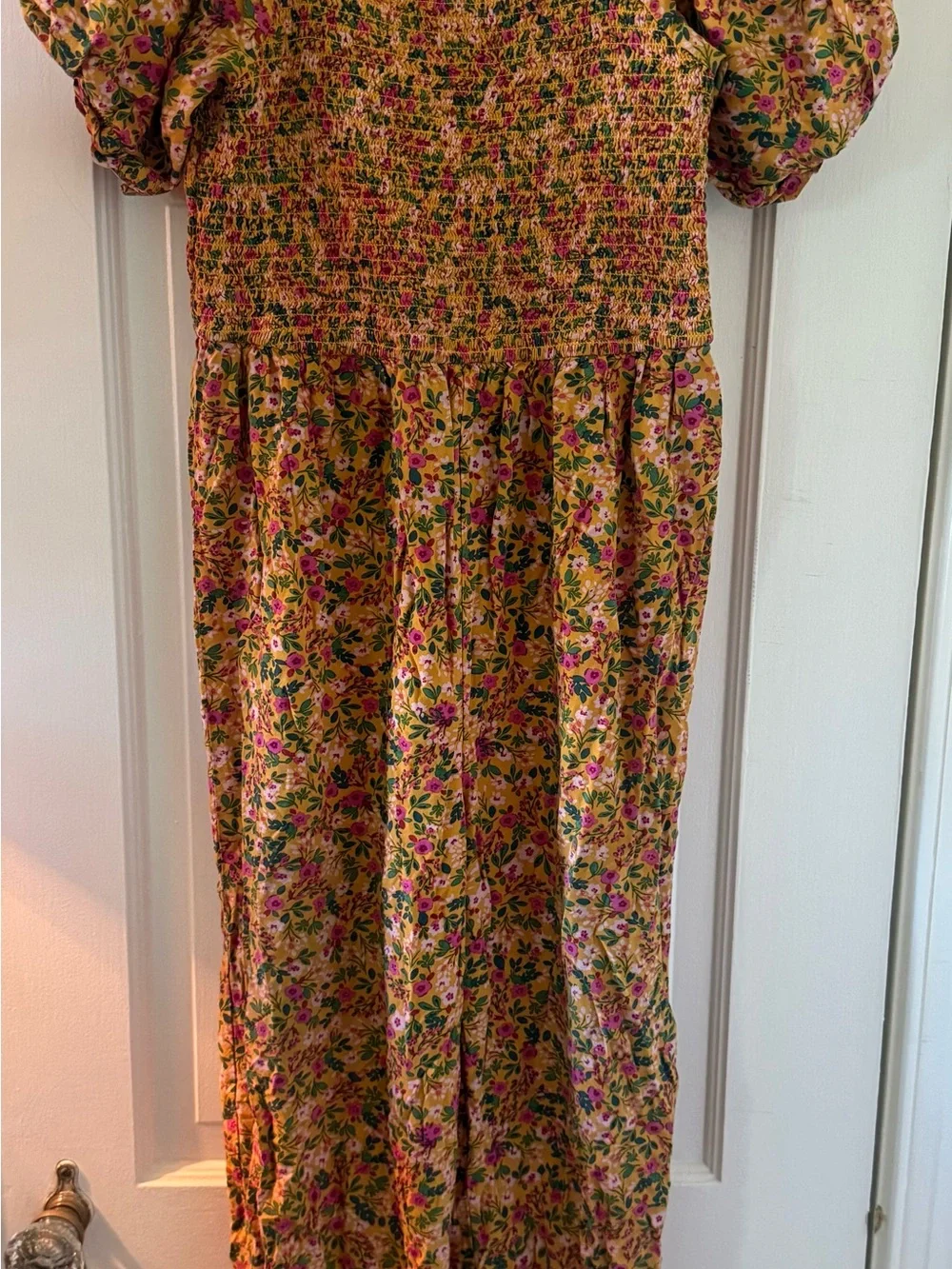 Crewcuts Yellow Floral Smocked Jumpsuit with Puff Sleeves